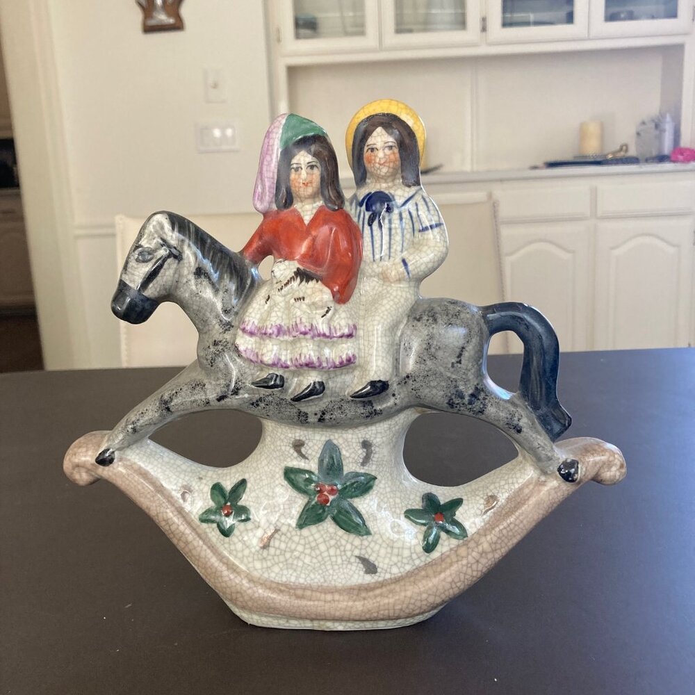 Vintage Staffordshire Porcelain Statue Figurine Couple on Horseback England